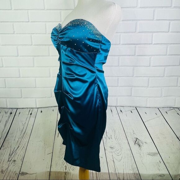 Jump Apparel by Wendye Chaitin Teal Satin Rhinestone Strapless Dress - 11/12 - Picture 3 of 16
